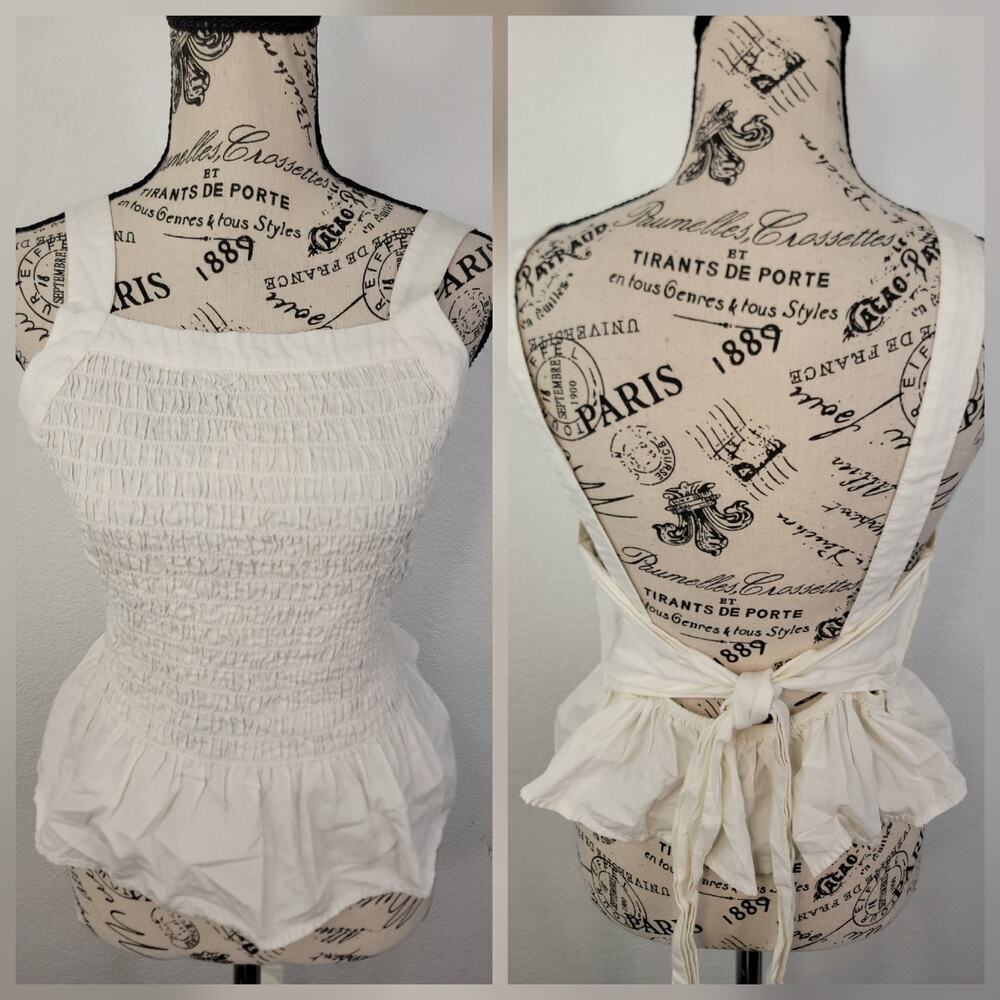 Free People Babydoll Cami Tank Top SZ M Open Back Smocke Ivory Beachy Boho